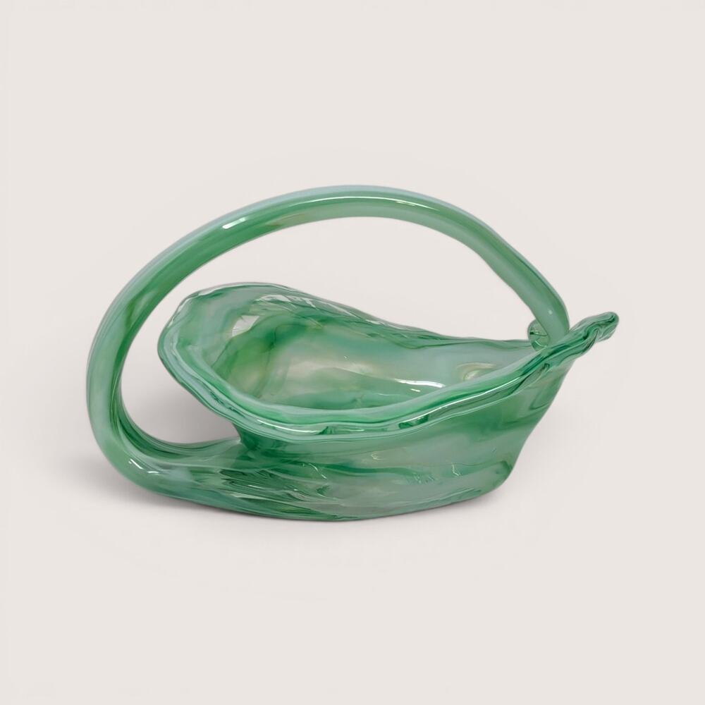 Vintage Green Art Glass Basket With Applied Handle